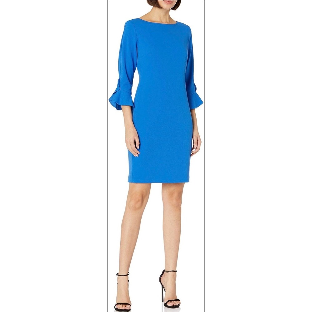 Karl Lagerfeld Paris Womens Ruffle Sleeve Sheath Dress Royal Blue Gold Zip NEW